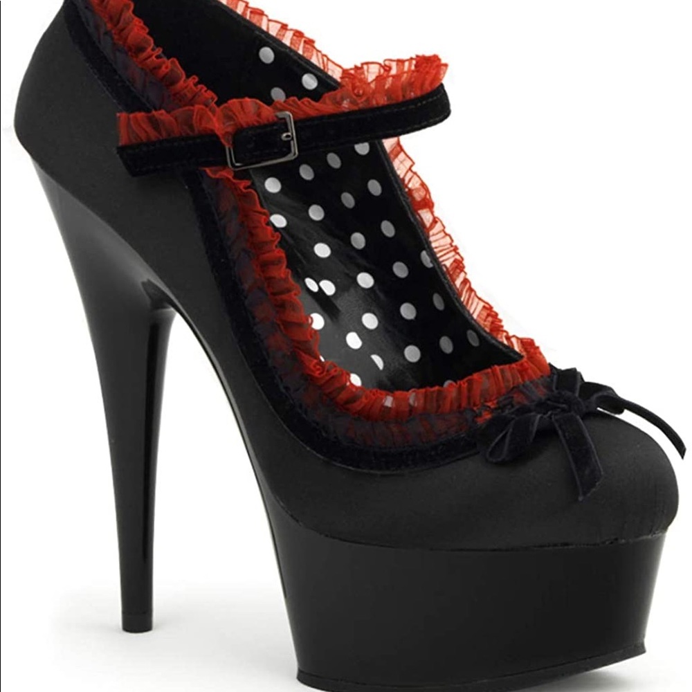 Size9 Pleaser Delight-683 Red&Black Satin Heels